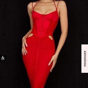 House of CB “Maya” SCARLET RUCHED MIDI DRESS